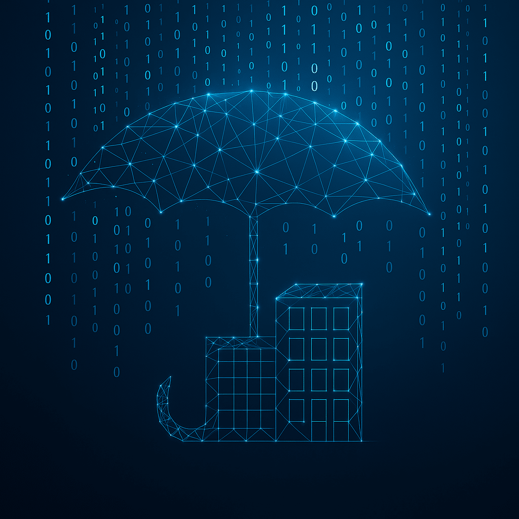 A computer under an umbrella